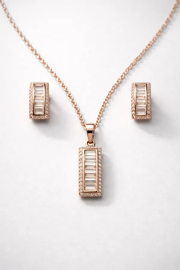 925_Sterling_Silver_Rose_Gold-Plated_Baguette_Zircon_Stud_Jewellery_Set_(With_Chain)