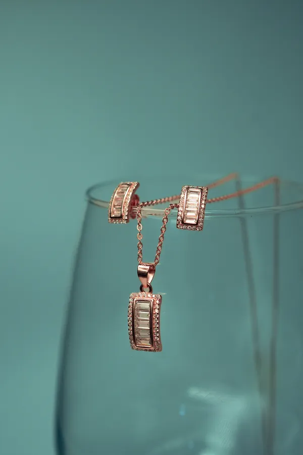925_Sterling_Silver_Rose_Gold-Plated_Baguette_Zircon_Stud_Jewellery_Set_(With_Chain)