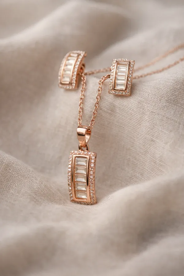 925_Sterling_Silver_Rose_Gold-Plated_Baguette_Zircon_Stud_Jewellery_Set_(With_Chain)