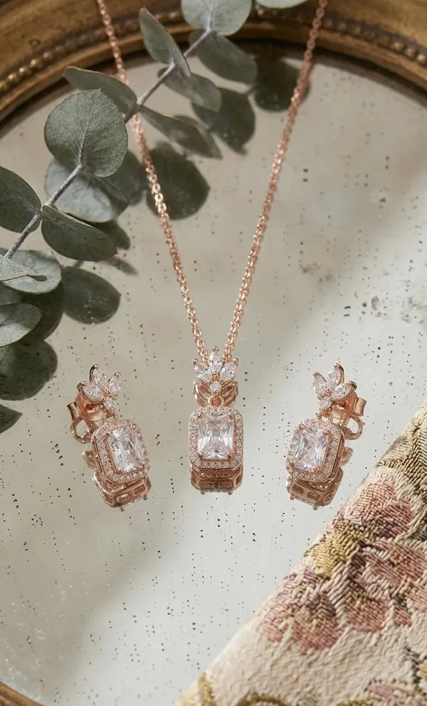 925_Sterling_Silver_Rose_Gold-Plated_Crystal_Drop_Jewellry_Set_(With_Chain)