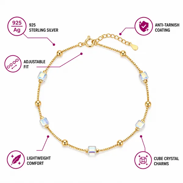 925_Sterling_Silver_With_22K_Gold_Plated_Cubic_Zirconia_Halo_Charm_Anklet