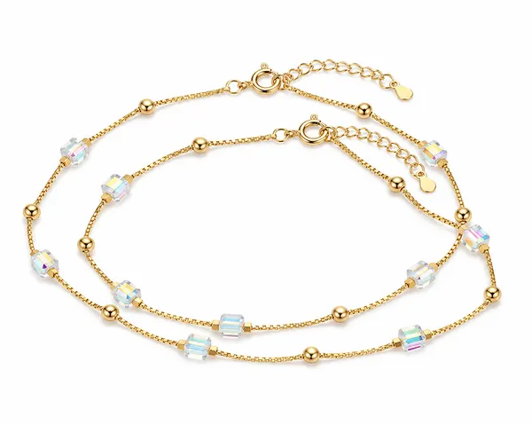 925_Sterling_Silver_With_22K_Gold_Plated_Cubic_Zirconia_Halo_Charm_Anklet
