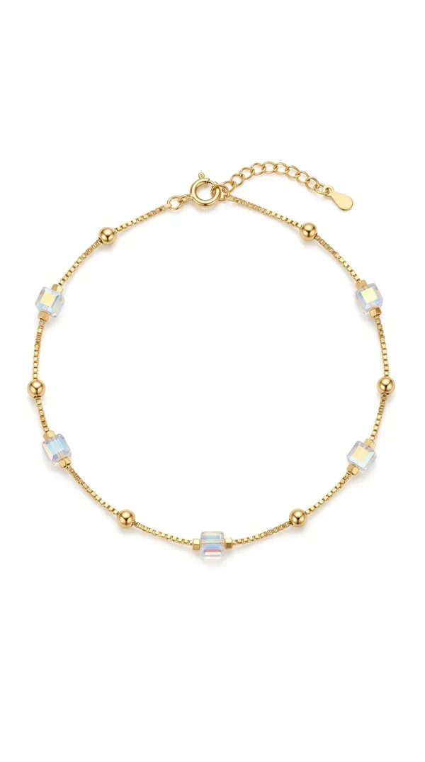 925_Sterling_Silver_With_22K_Gold_Plated_Cubic_Zirconia_Halo_Charm_Anklet