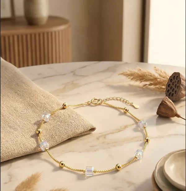 925_Sterling_Silver_With_22K_Gold_Plated_Cubic_Zirconia_Halo_Charm_Anklet
