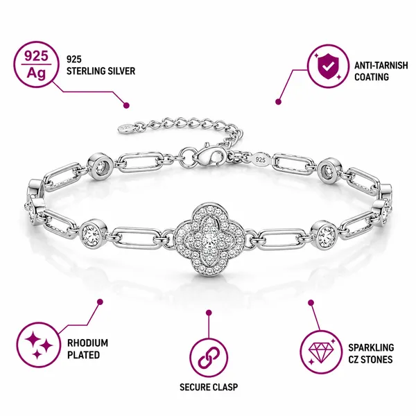 925_Sterling_Silver_Clover_Charm_Link_Bracelet