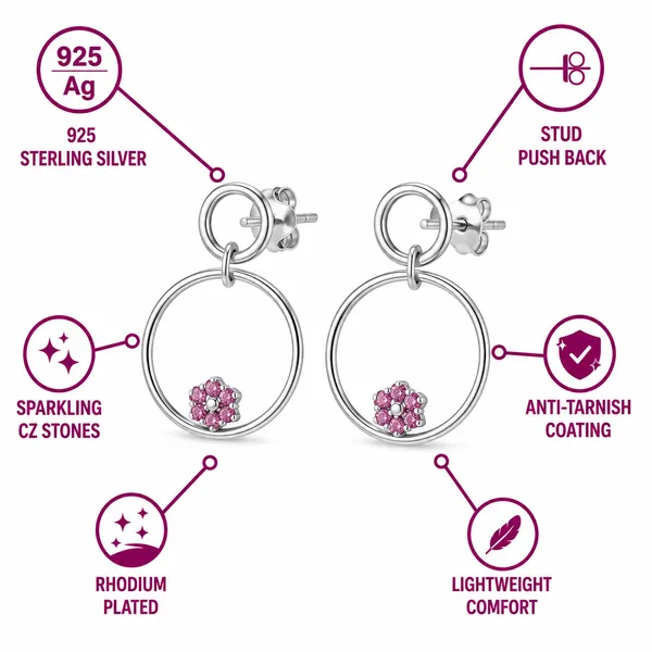 925_Sterling_Silver_Elegant_Finish_Pink_Floral_Circle_Drop_Earring