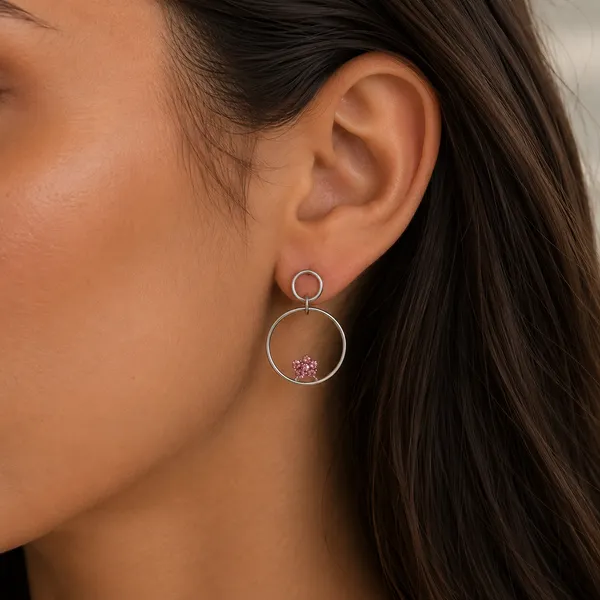 925_Sterling_Silver_Elegant_Finish_Pink_Floral_Circle_Drop_Earring