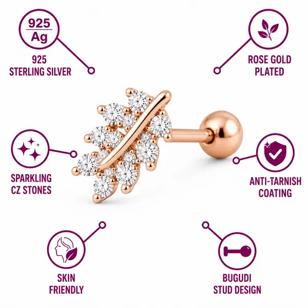 925_Sterling_Silver_Rose_Gold_Plated_Finish_Crystal_Leaf_Stud_Bugadi