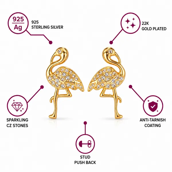 925_Sterling_Silver_Gold_Plated_Flamingo_CZ_Stud_Earrings