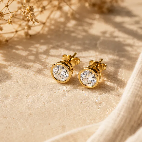 925_Sterling_Silver_with_22K_Gold_Plated_Classic_Solitaire_Women's_Earring_Pair