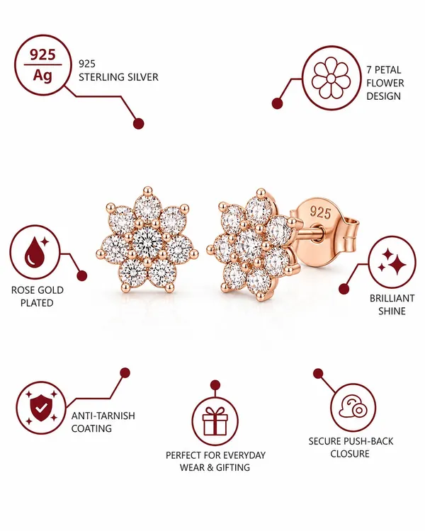 925_Sterling_Silver_22K_Rose_Gold_Plated_Sparkling_Sunflower_Stud_Earrings