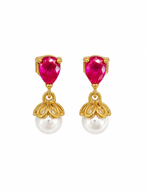 925_Sterling_Silver_22K_Gold_Plated_Sparkling_Pink_Stone_Pearl_Drop_Earrings