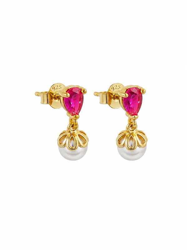 925_Sterling_Silver_22K_Gold_Plated_Sparkling_Pink_Stone_Pearl_Drop_Earrings