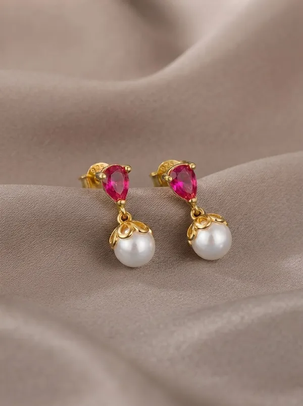 925_Sterling_Silver_22K_Gold_Plated_Sparkling_Pink_Stone_Pearl_Drop_Earrings
