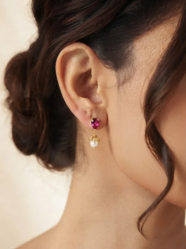 925_Sterling_Silver_22K_Gold_Plated_Sparkling_Pink_Stone_Pearl_Drop_Earrings