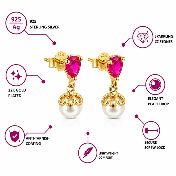 925_Sterling_Silver_22K_Gold_Plated_Sparkling_Pink_Stone_Pearl_Drop_Earrings