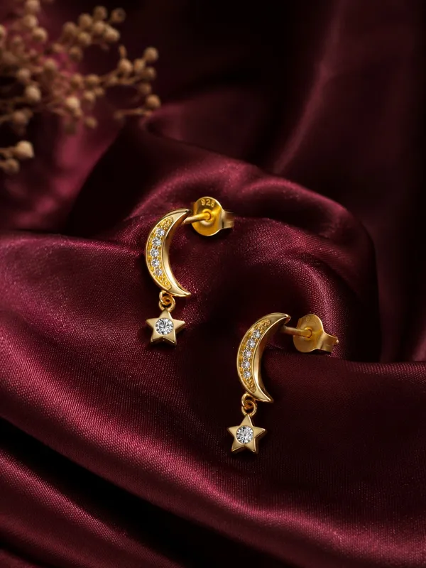 925_Sterling_Silver_22K_Gold_Plated_Sparkling_Moon_&_Star_Drop_Earrings