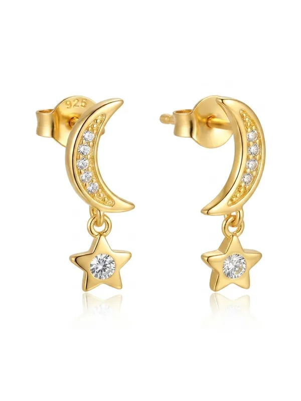 925_Sterling_Silver_22K_Gold_Plated_Sparkling_Moon_&_Star_Drop_Earrings