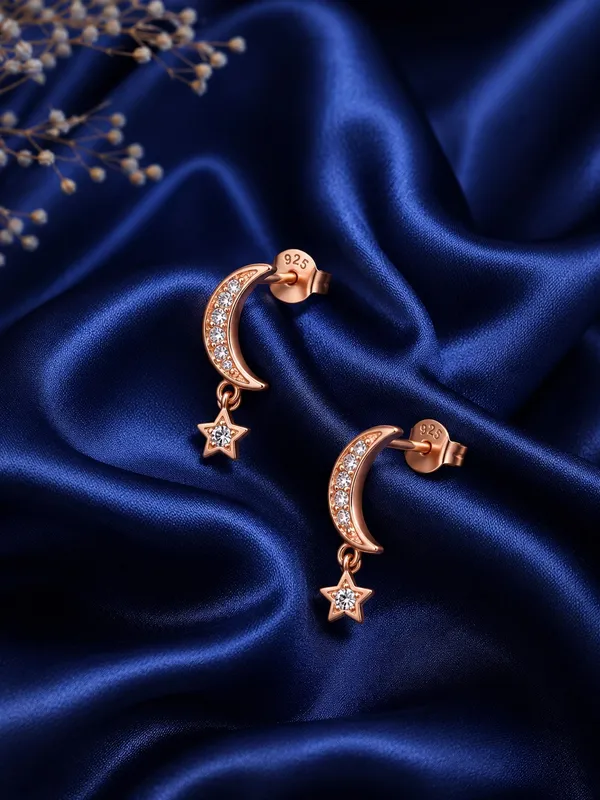 925_Sterling_Silver_22K_Rose_Gold_Plated_Sparkling_Moon_&_Star_Drop_Earrings