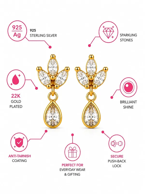 925_Sterling_Silver_22K_Gold_Plated_CZ_Princess_Tear_Drop_Earrings