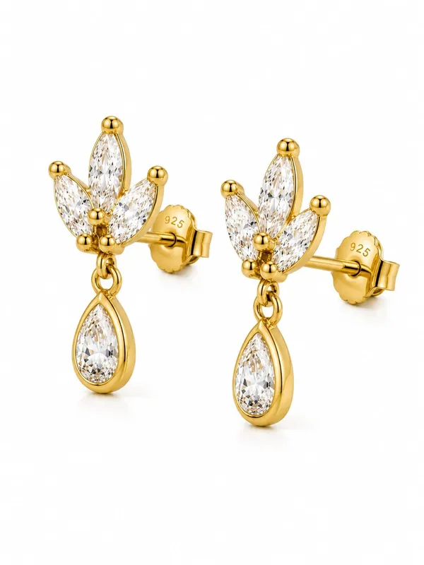 925_Sterling_Silver_22K_Gold_Plated_CZ_Princess_Tear_Drop_Earrings