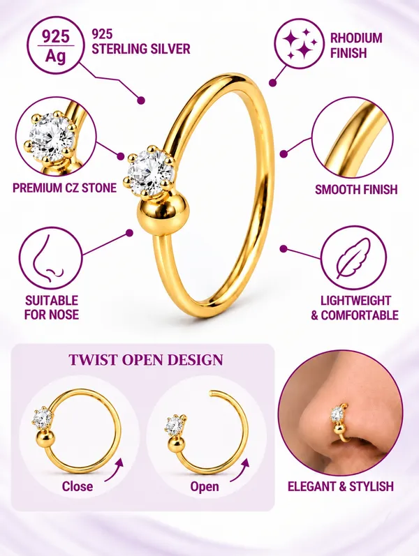 925_Sterling_Silver_22K_Gold_Plated_Cubic_Zirconia_CZ_Single_Stone_Ball_Nose_Ring