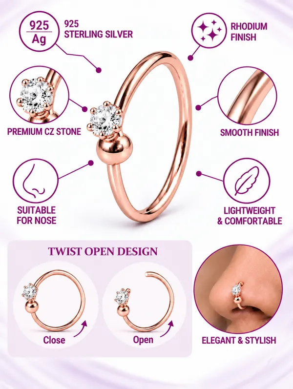 925_Sterling_Silver_22K_Rose_Gold_Plated_Cubic_Zirconia_CZ_Single_Stone_Ball_Nose_Ring