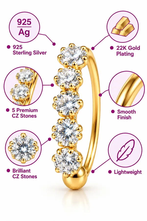 925_Sterling_Silver_22K_Gold_Plated_Five_Stone_CZ_Nose_Ring