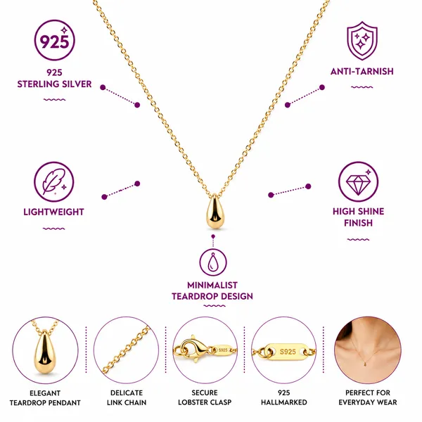 925_Sterling_Silver_Gold_Plated_Essential_Teardrop_Jewellery_Pendant_Necklace
