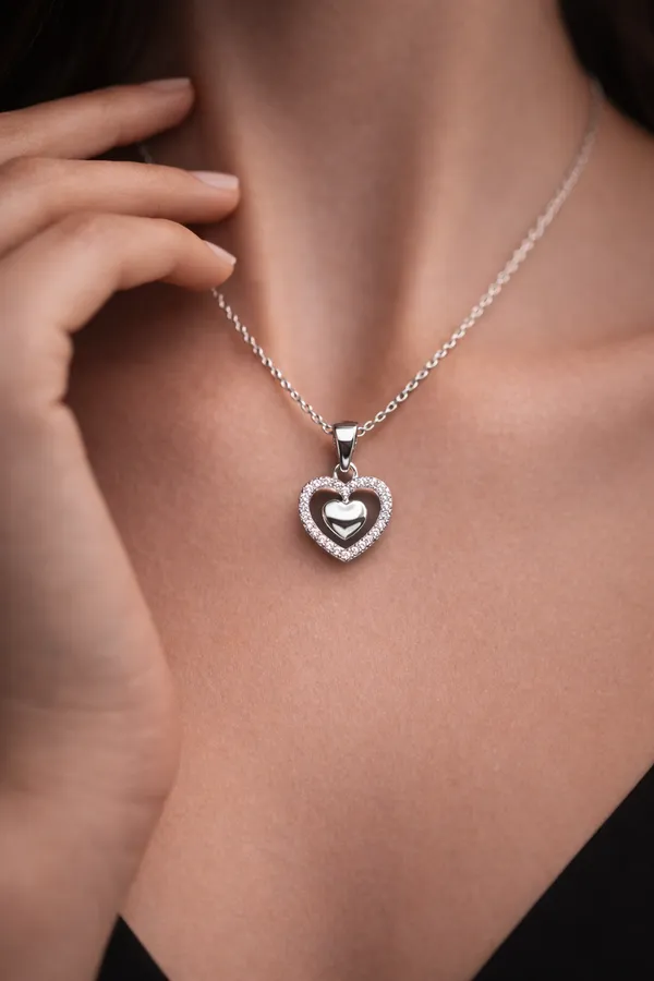 925_Sterling_Silver_Heart-in-Heart_Zircon_Pendent_(With_Chain)