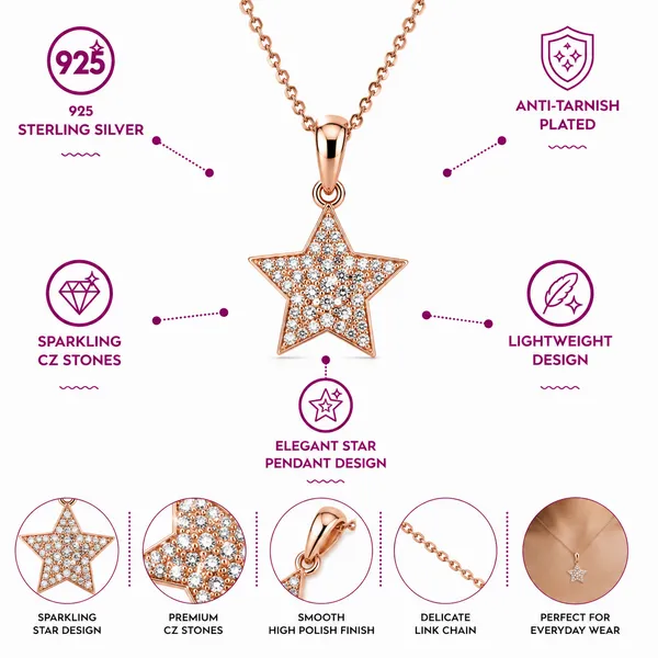 925_Sterling_Silver_Rose_Gold_Plated_Radiant_Star_CZ_Jewellery_Pendant_Necklace