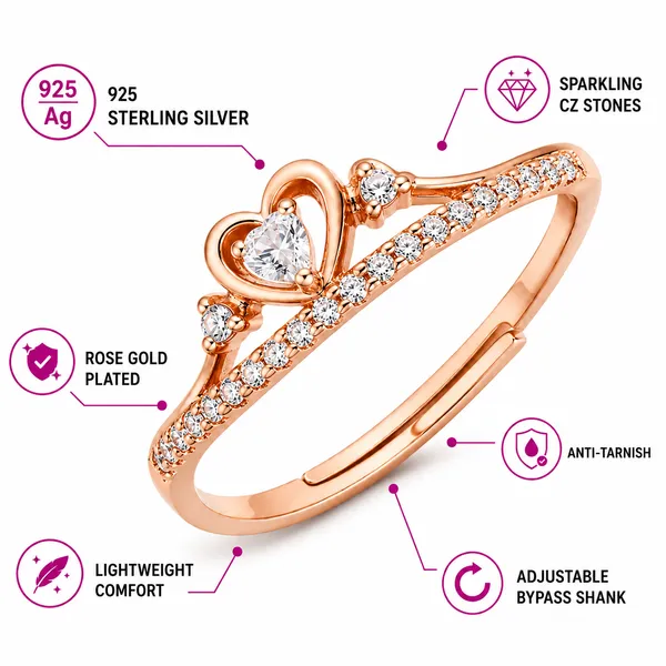 925_Sterling_Silver_Rose_Gold_Plated_Heart_Crown_CZ_Adjustable_Ring
