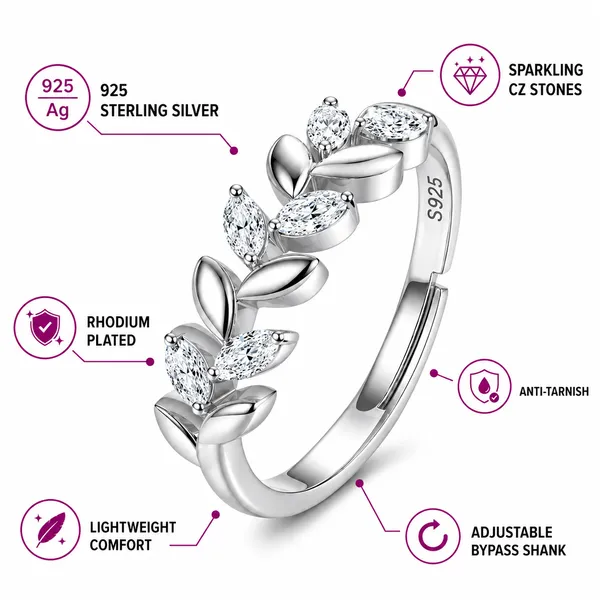 925_Sterling_Silver_Leaf_Vine_CZ_Adjustable_Ring