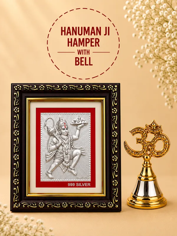 999_Fine_Silver_Hanuman_Frame_with_Om_Bell_Premium_Spiritual_Gift_Hamper