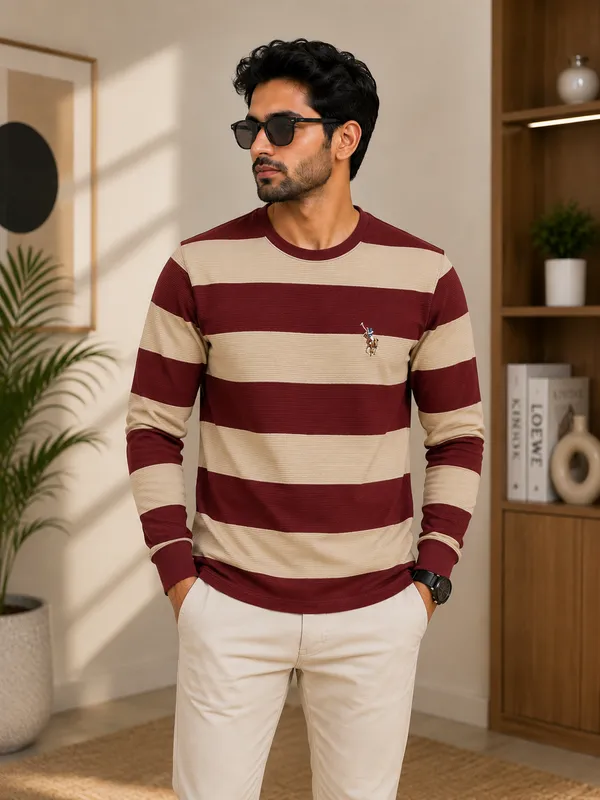 Maroon_And_Beige_Striped_Cotton_Full_Sleeve_Round_Neck_Striped_T-Shirt.