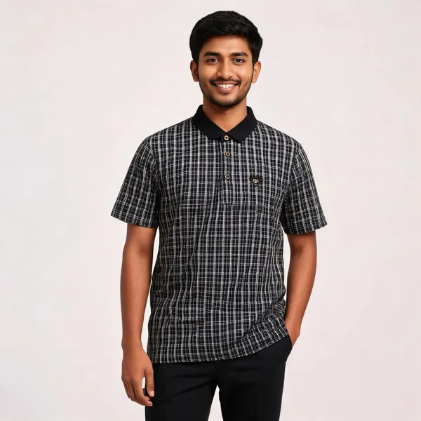 Black_White_Checkered_Cotton_Polo_T-Shirt_For_Men