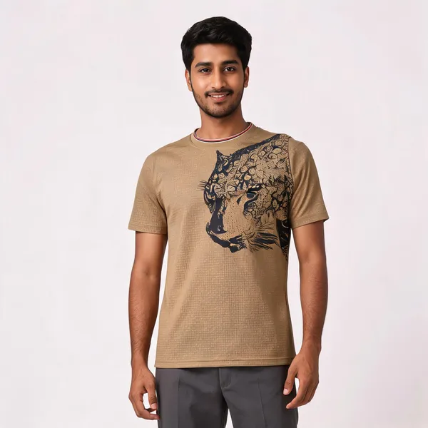 Beige_Lycra(Jaquard)_Tiger_Print_Round_Neck_T-Shirt_For_Men