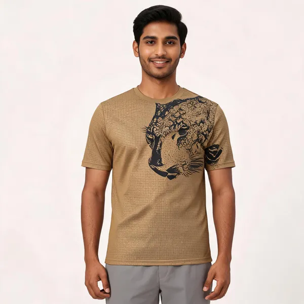 Beige_Lycra(Jaquard)_Tiger_Print_Round_Neck_T-Shirt_For_Men