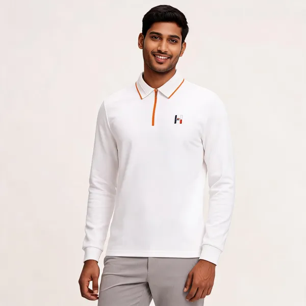 White_Cotton_Blend_Zip_Collar_Full_Sleeve_Polo_T-Shirt_For_Men