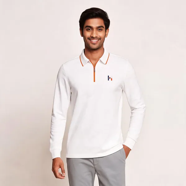 White_Cotton_Blend_Zip_Collar_Full_Sleeve_Polo_T-Shirt_For_Men