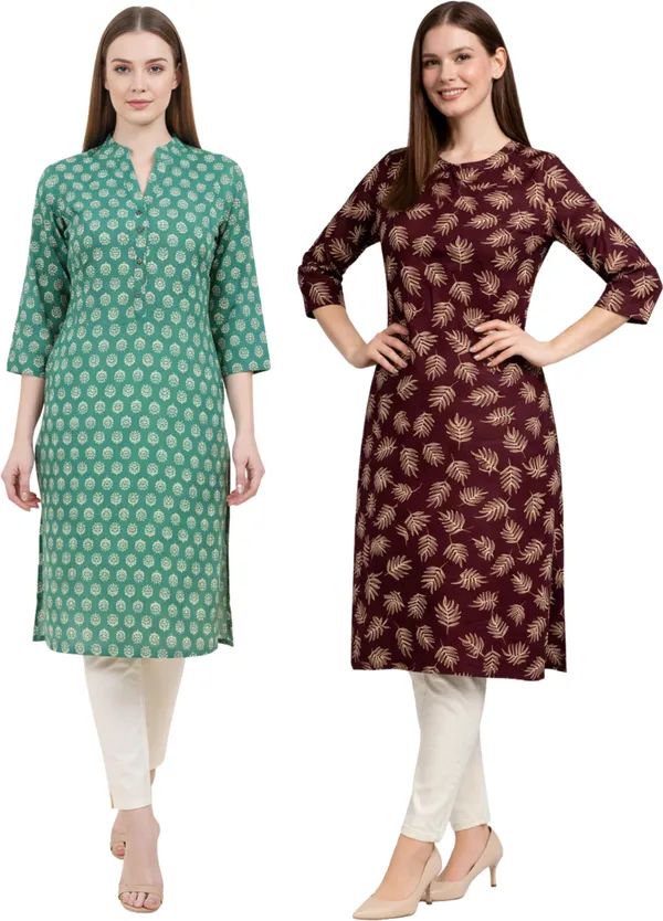 Neutone_Women_Floral_Print_Straight_Kurta_(Green,_Maroon)_(Pack_Of_2_)