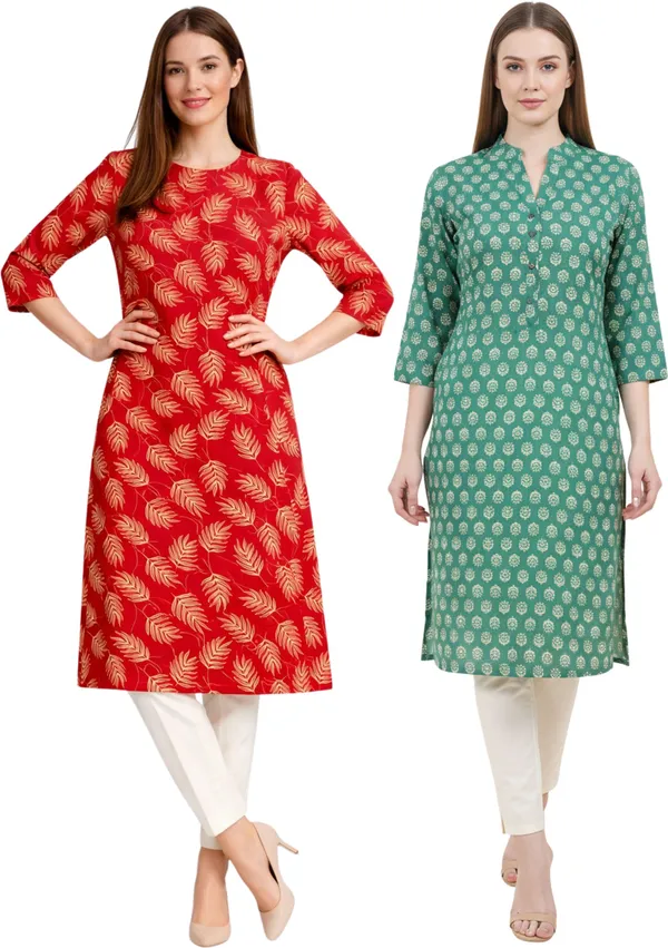 Neutone_Women_Floral_Print,_Block_Print_Straight_Kurta_(Green,_Red)_(Pack_Of_2_)