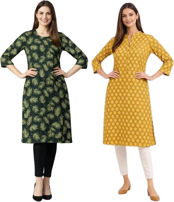 Neutone_Women_Block_Print,_Floral_Print_Straight_Kurta_(Dark_Green,_Yellow)_(Pack_Of_2_)