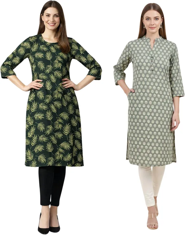 Neutone_Women_Block_Print,_Floral_Print_Straight_Kurta_(Dark_Green,_Grey)_(Pack_Of_2_)
