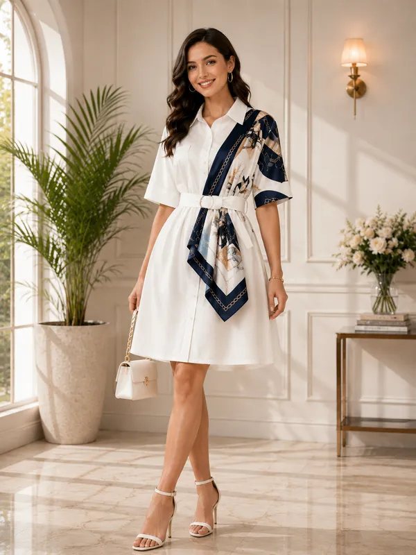White_Scarf_Shirt_Dress