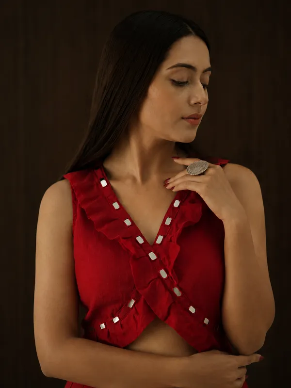 Red_Kala_Cotton_Mirror_Work_Ruffle_Sleeveless_Crop_Top_For_Women