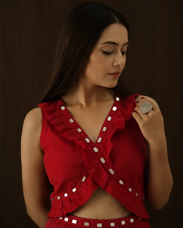 Red_Kala_Cotton_Mirror_Work_Ruffle_Sleeveless_Crop_Top_For_Women