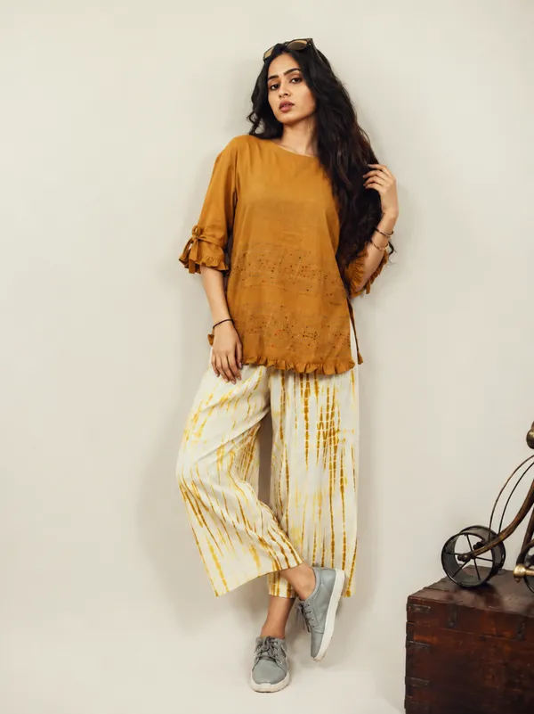 Mustard_Cotton_Embroidered_Top_And_Tie_Dye_Palazzo_Set_For_Women