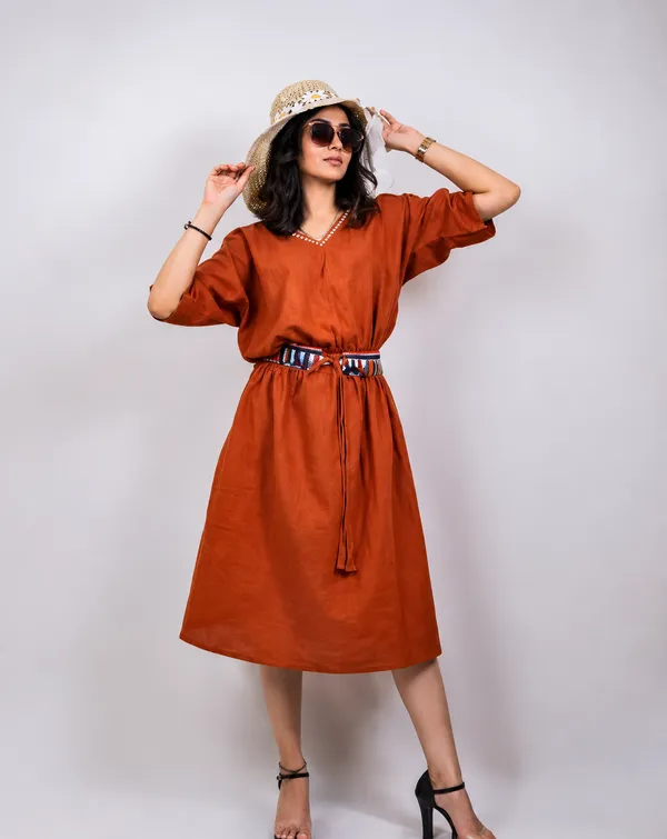 Rust_Cotton_V_Neck_Embroidered_Waistband_Midi_Dress_For_Women