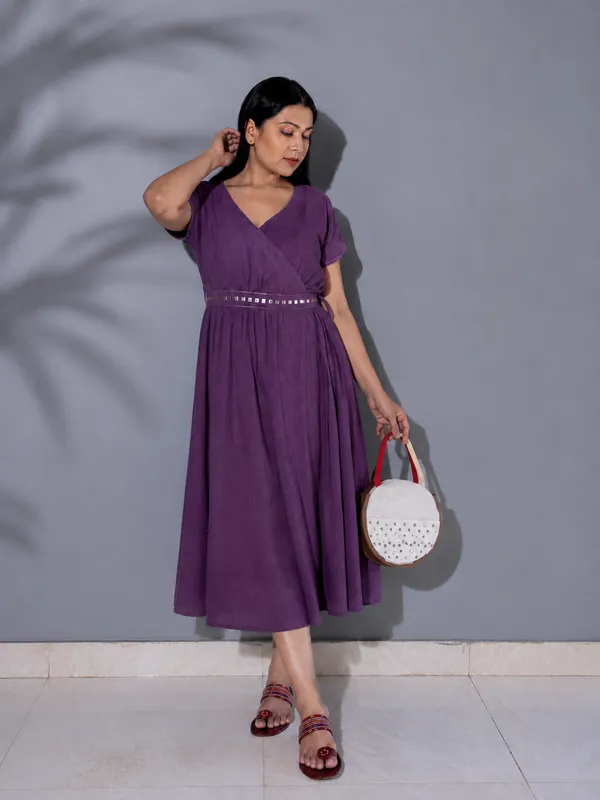 Purple_Cotton_Wrap_Style_Midi_Dress_For_Women